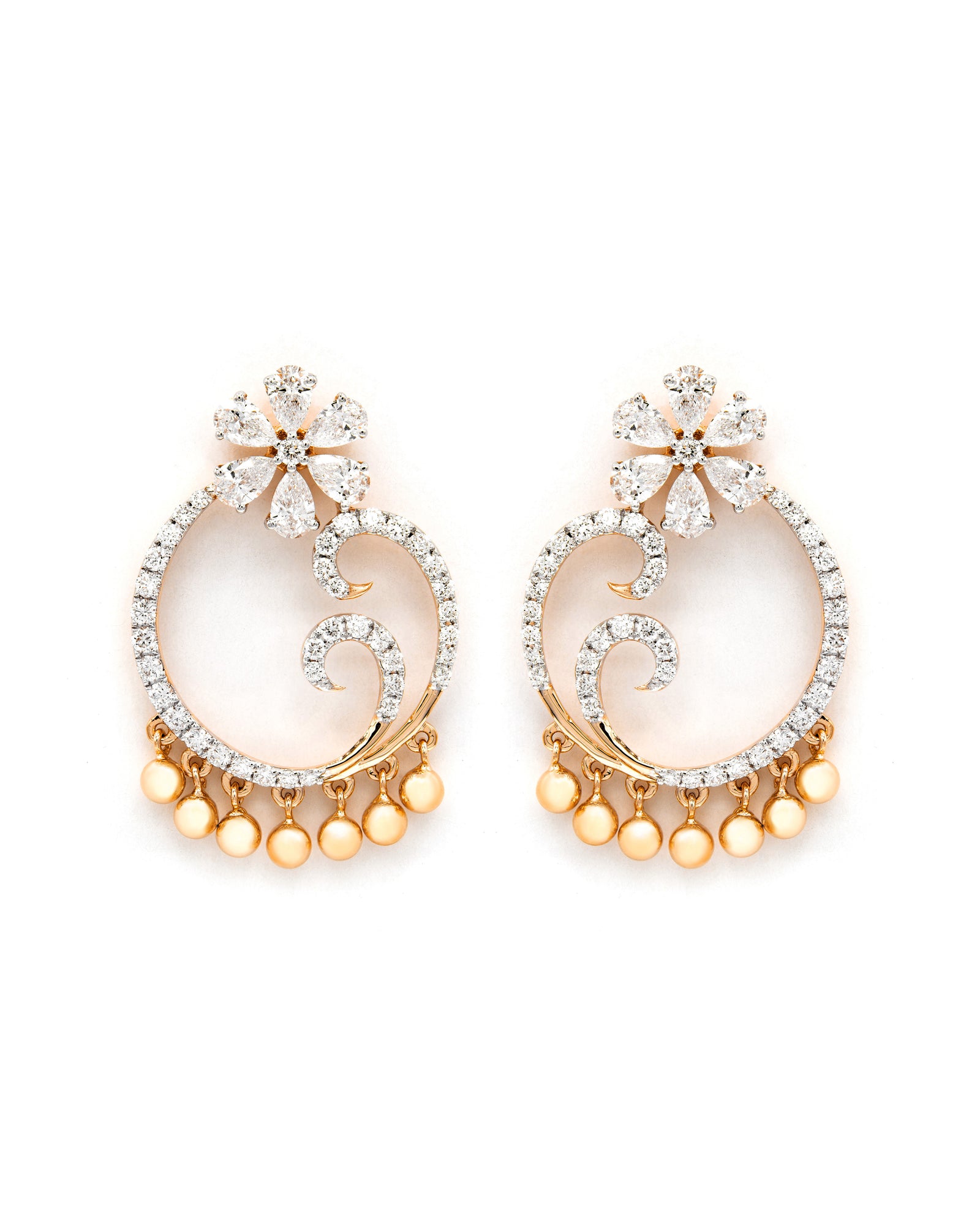 Víya Pear and Round Diamond Jhumkas Traditional Dangling Earrings Yellow Gold 18K