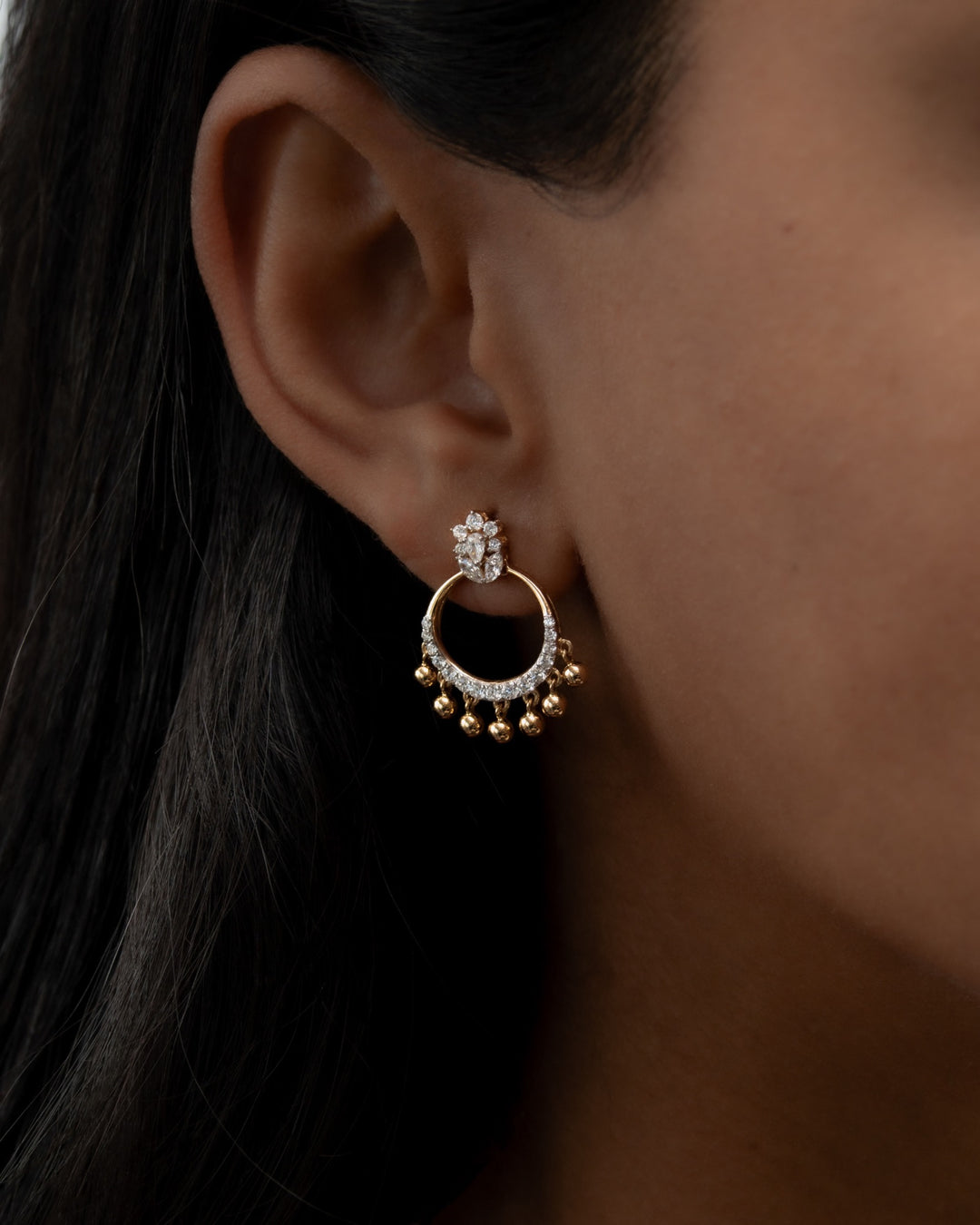 Víya Marquise, Pear and Round Diamond Jhumkas Traditional Dangling Earrings Yellow Gold 18K on body