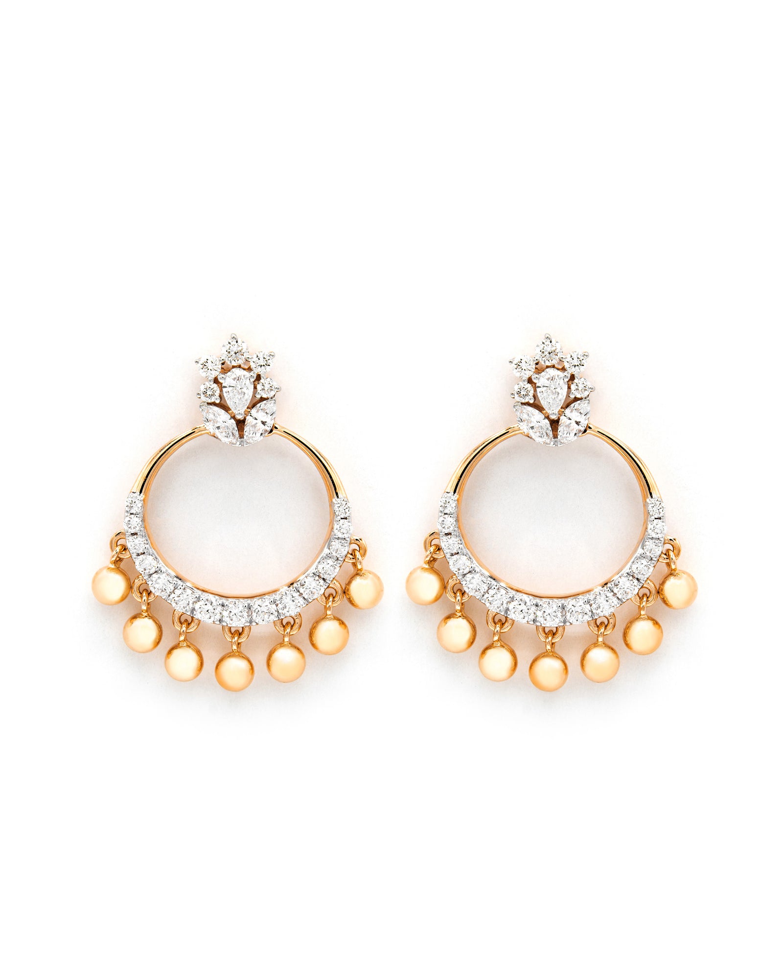 Víya Marquise, Pear and Round Diamond Jhumkas Traditional Dangling Earrings Yellow Gold 18K