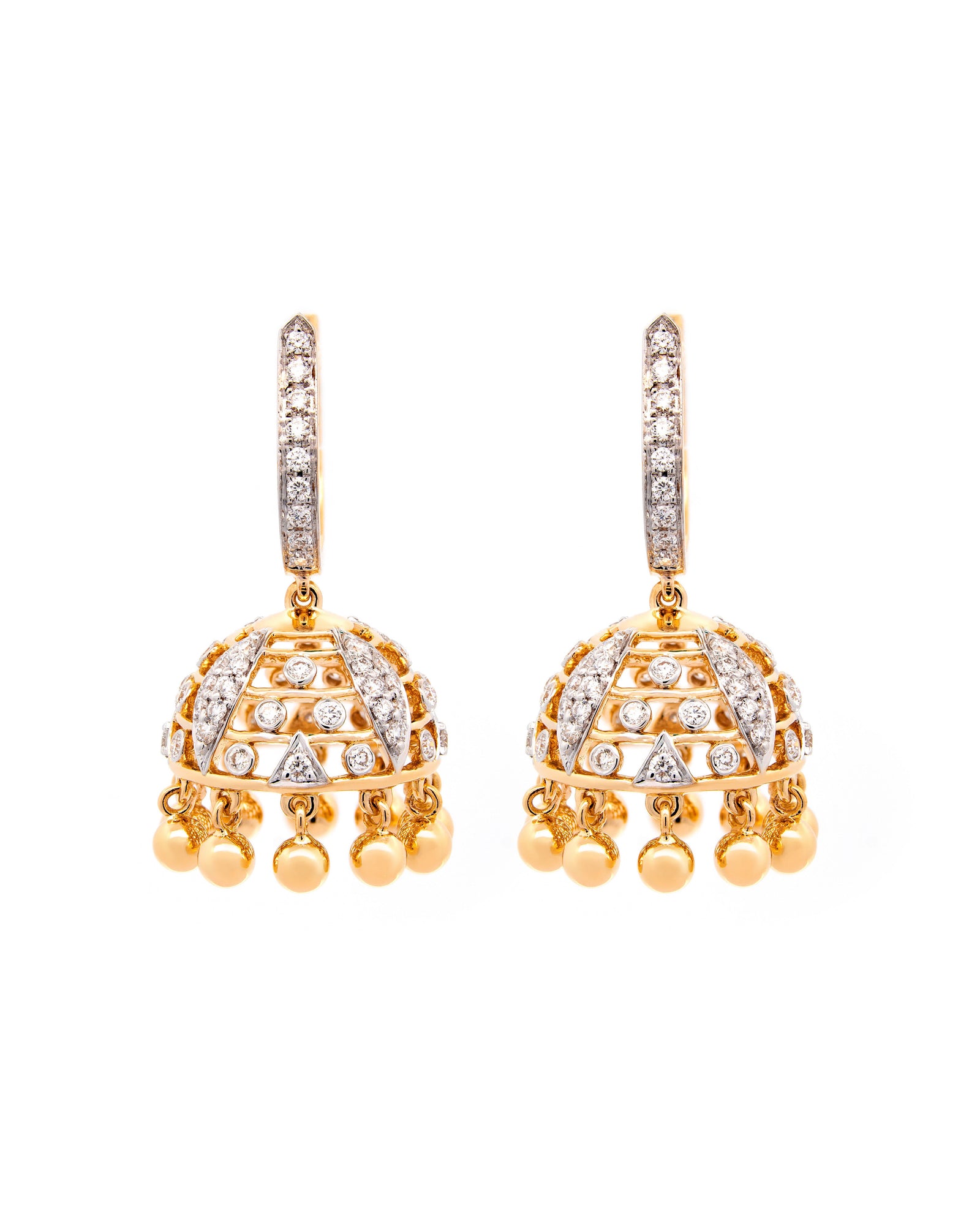Víya Round Diamond Jhumkas Traditional Dangling Earrings Yellow Gold 18K