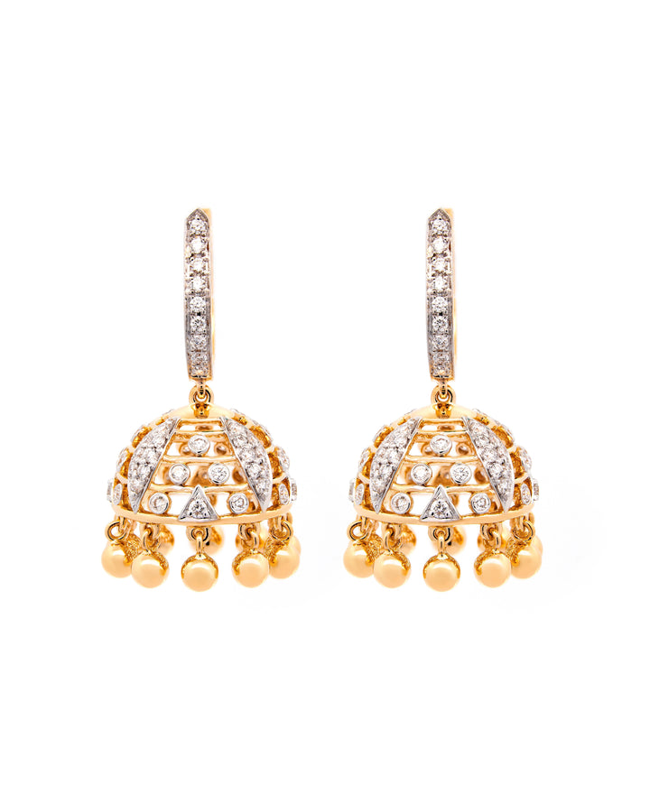 Víya Round Diamond Jhumkas Traditional Dangling Earrings Yellow Gold 18K