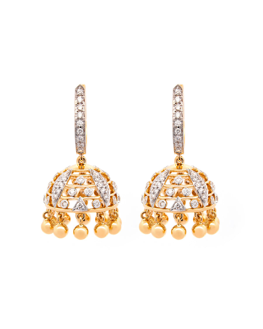 Víya Round Diamond Jhumkas Traditional Dangling Earrings Yellow Gold 18K