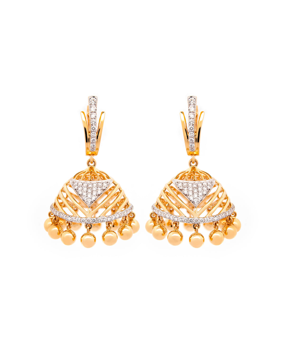 Víya Round Diamond Jhumkas Traditional Dangling Earrings Yellow Gold 18K