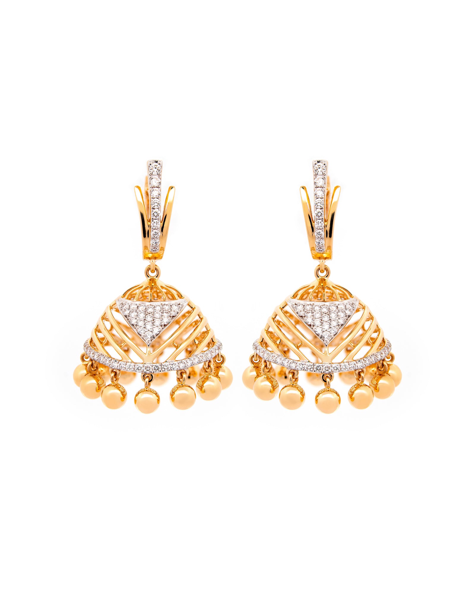 Víya Round Diamond Jhumkas Traditional Dangling Earrings Yellow Gold 18K