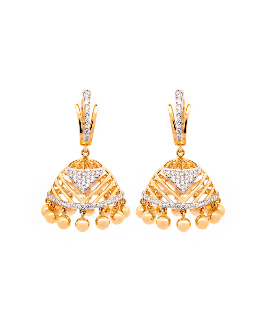 Víya Round Diamond Jhumkas Traditional Dangling Earrings Yellow Gold 18K