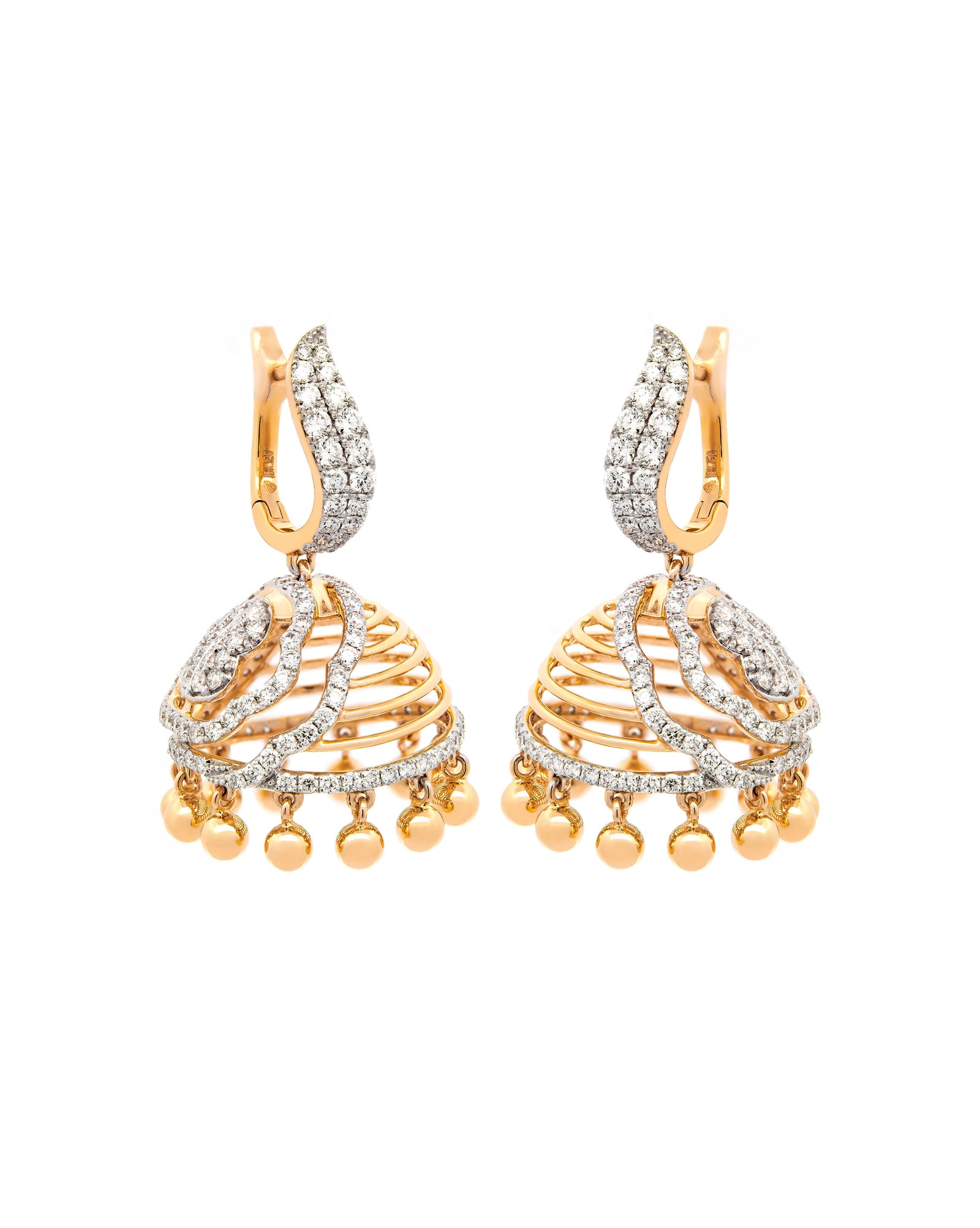 Víya Round Diamond Jhumkas Traditional Dangling Earrings Yellow Gold 18K
