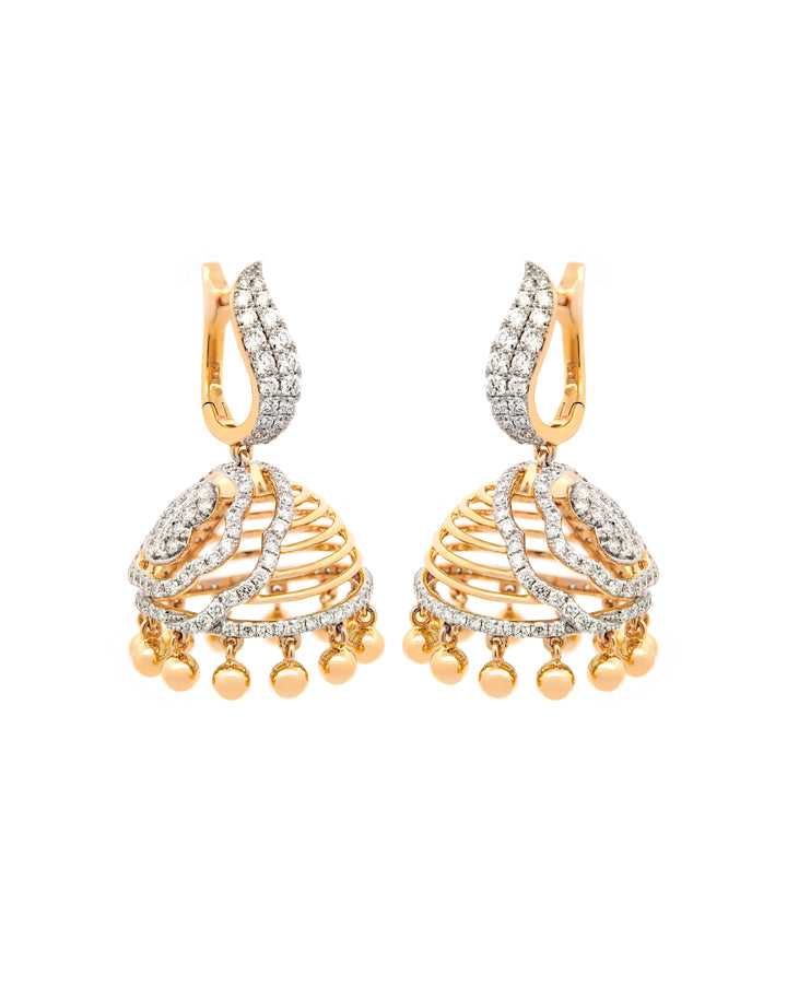Víya Round Diamond Jhumkas Traditional Dangling Earrings Yellow Gold 18K