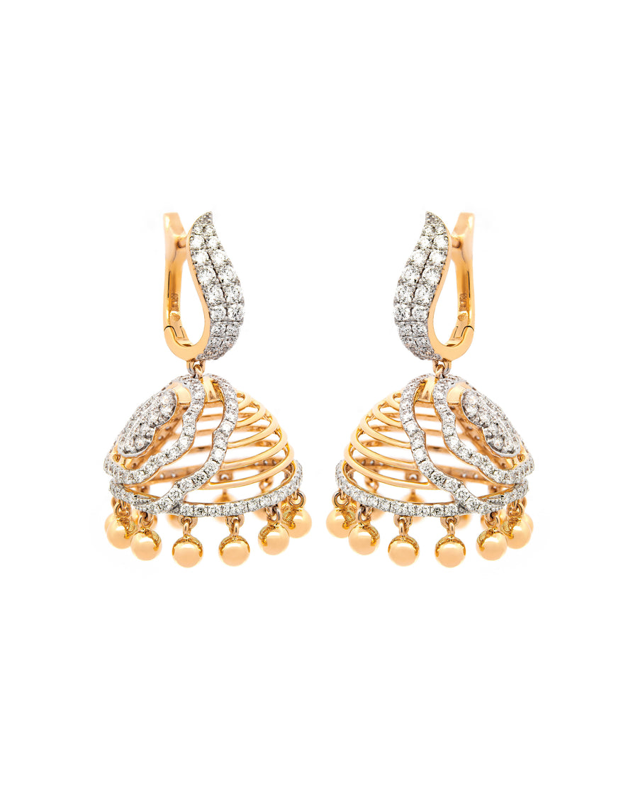 Víya Round Diamond Jhumkas Traditional Dangling Earrings Yellow Gold 18K
