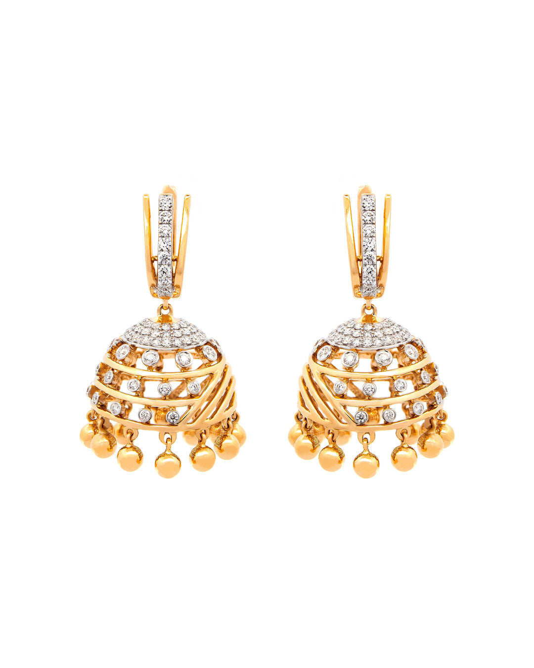 Víya Round Diamond Jhumkas Traditional Dangling Earrings Yellow Gold 18K