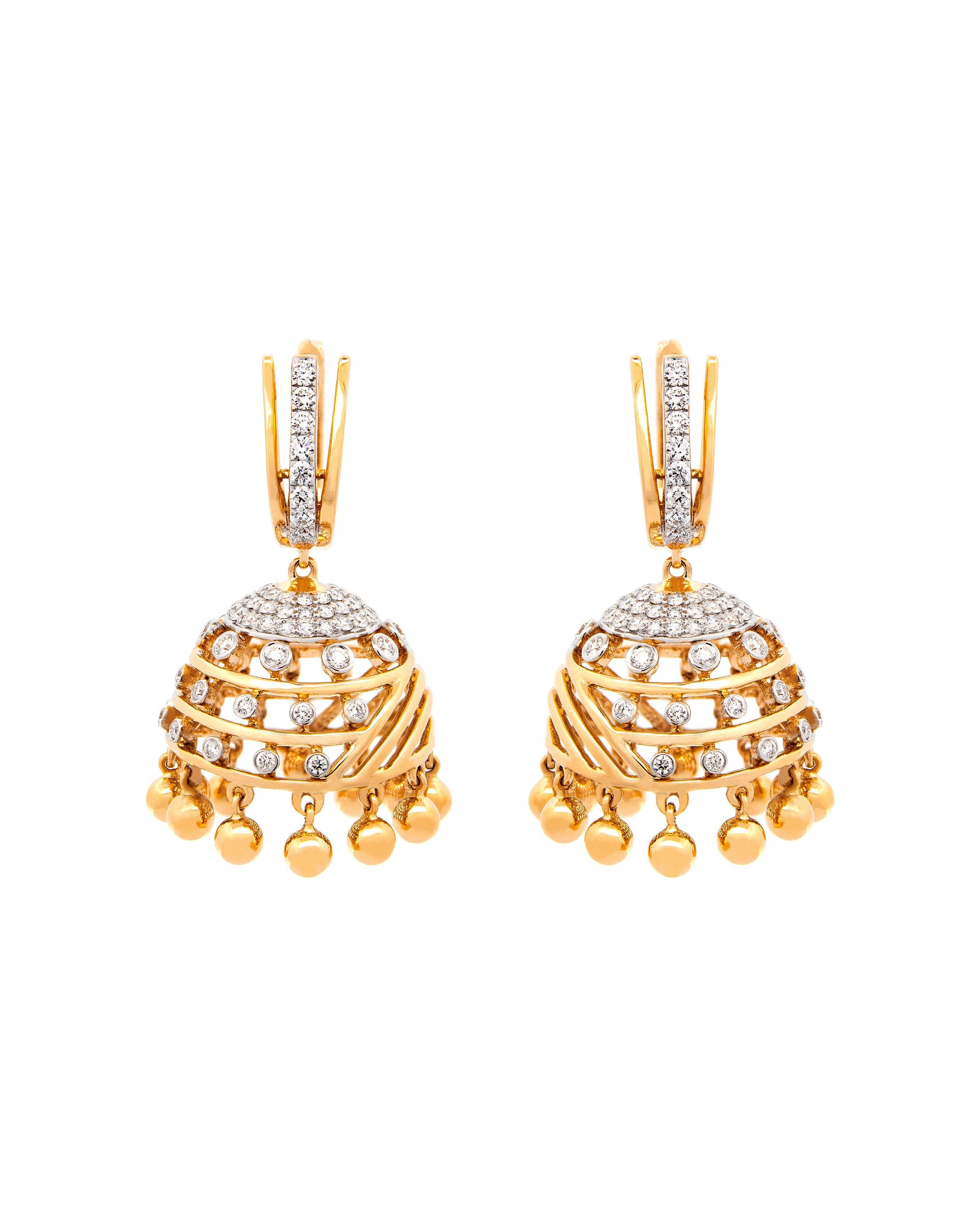 Víya Round Diamond Jhumkas Traditional Dangling Earrings Yellow Gold 18K