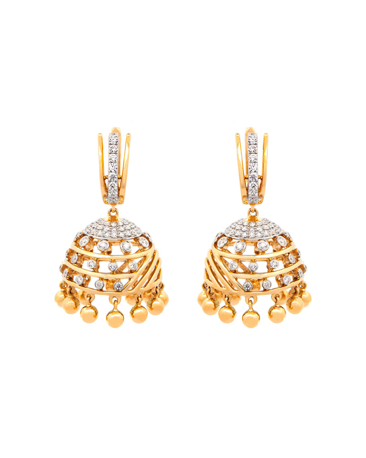 Víya Round Diamond Jhumkas Traditional Dangling Earrings Yellow Gold 18K