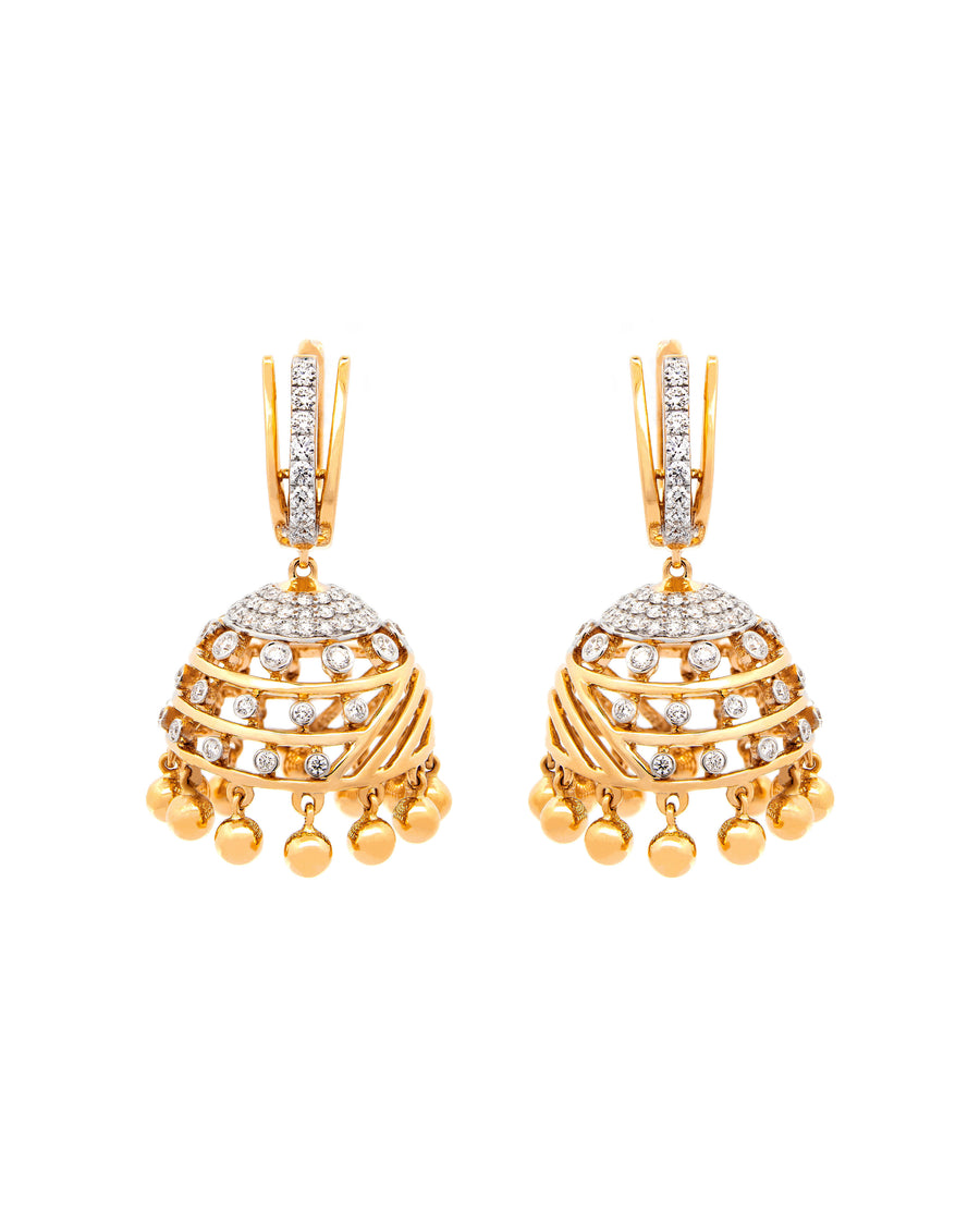 Víya Round Diamond Jhumkas Traditional Dangling Earrings Yellow Gold 18K