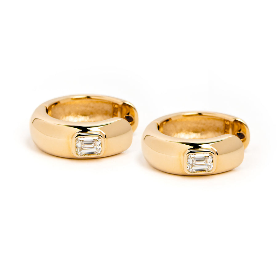 Emerald Diamond Bezel Huggie Earrings Yellow Gold