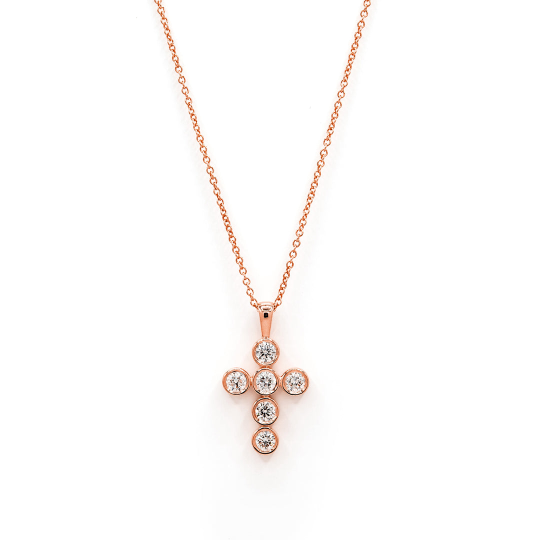 Víya Round Diamond Bezel Cross Pendant Small 14K Rose Gold