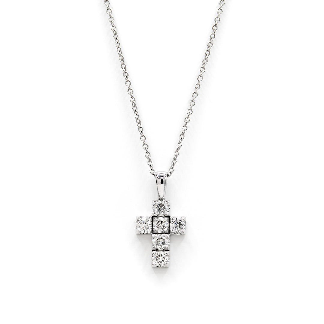 Víya Round Diamond Boxy Cross Pendant Small 14K White Gold