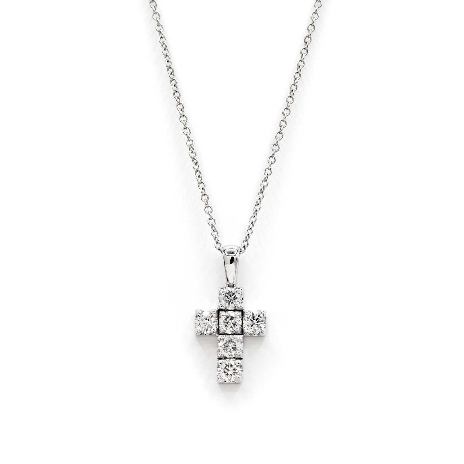 Víya Round Diamond Boxy Cross Pendant Small 14K White Gold