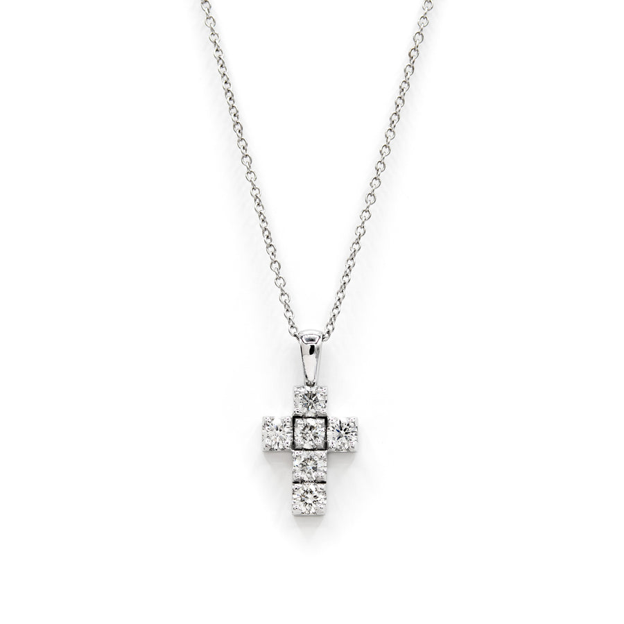 Víya Round Diamond Boxy Cross Pendant Small 14K White Gold
