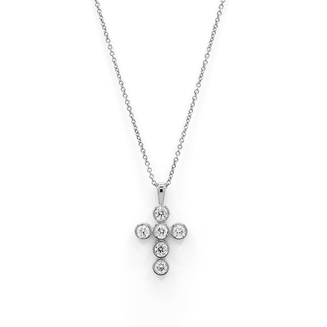 Víya Round Diamond Bezel Cross Pendant Small 14K White Gold