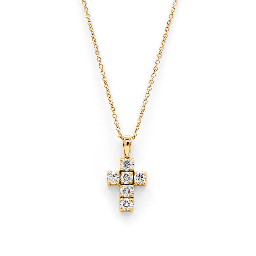 Víya Round Diamond Boxy Cross Pendant Small 14K Yellow Gold