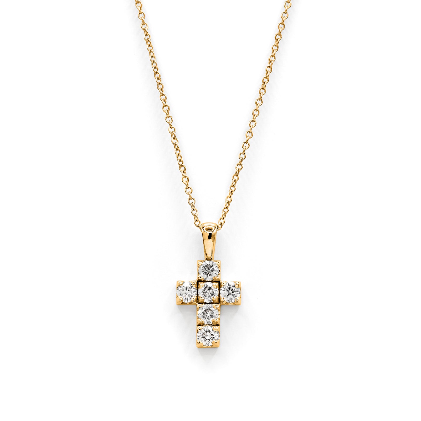 Víya Round Diamond Boxy Cross Pendant Small 14K Yellow Gold