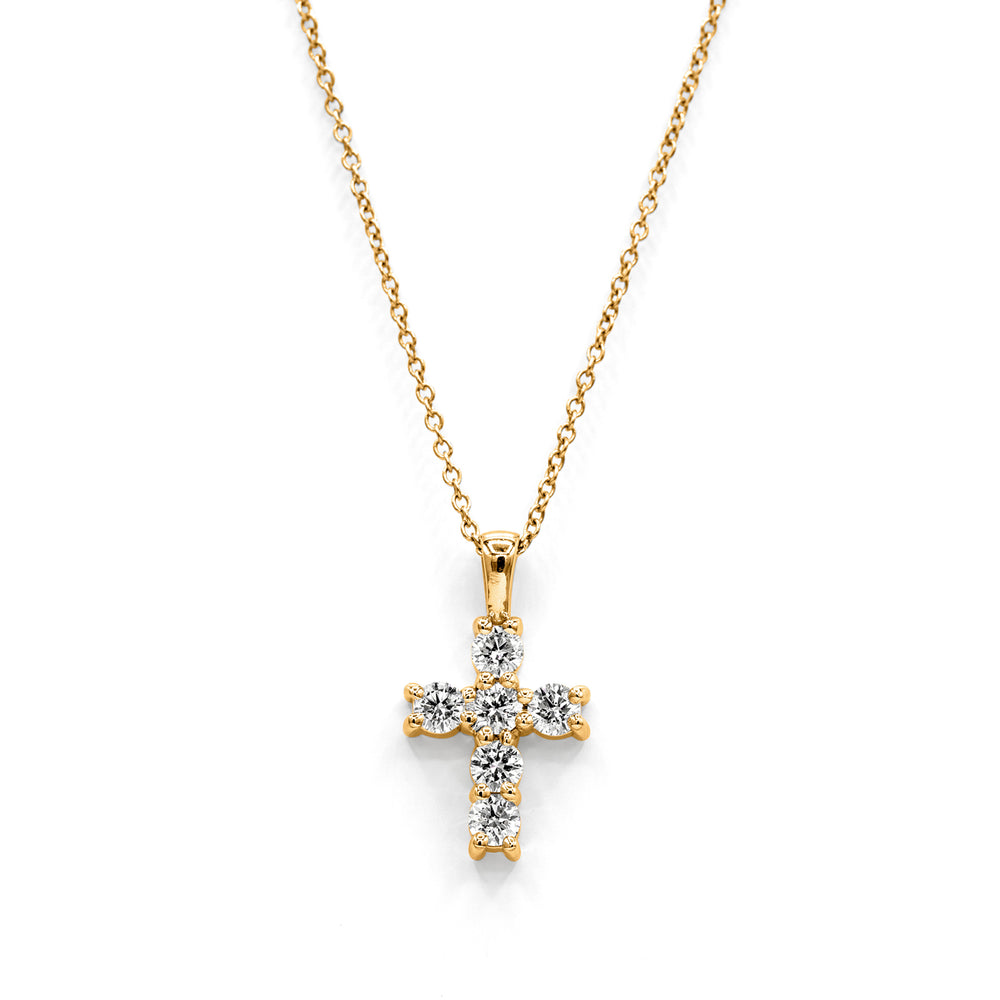 Víya Round Diamond Classic Cross Pendant Small 14K Yellow Gold