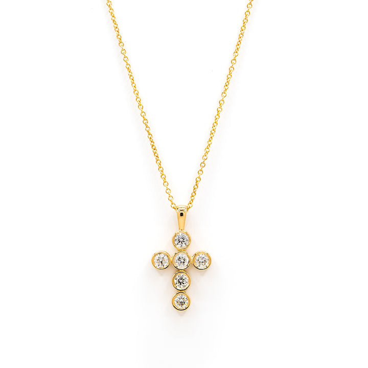 Víya Round Diamond Bezel Cross Pendant Small 14K Yellow Gold