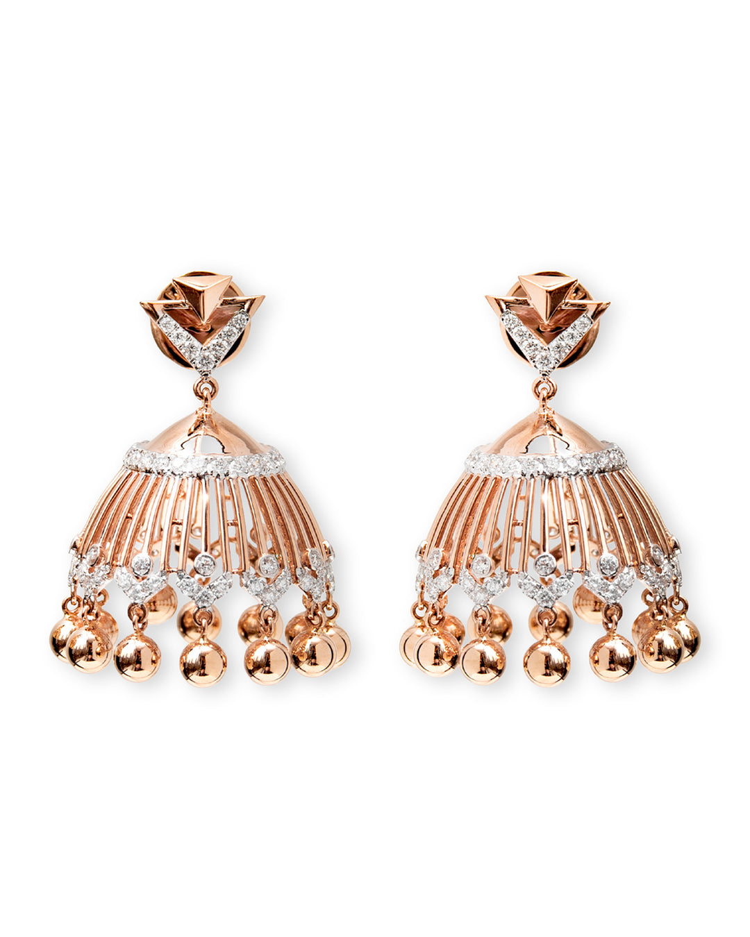 Rose gold earrings with dangling beads on a white background