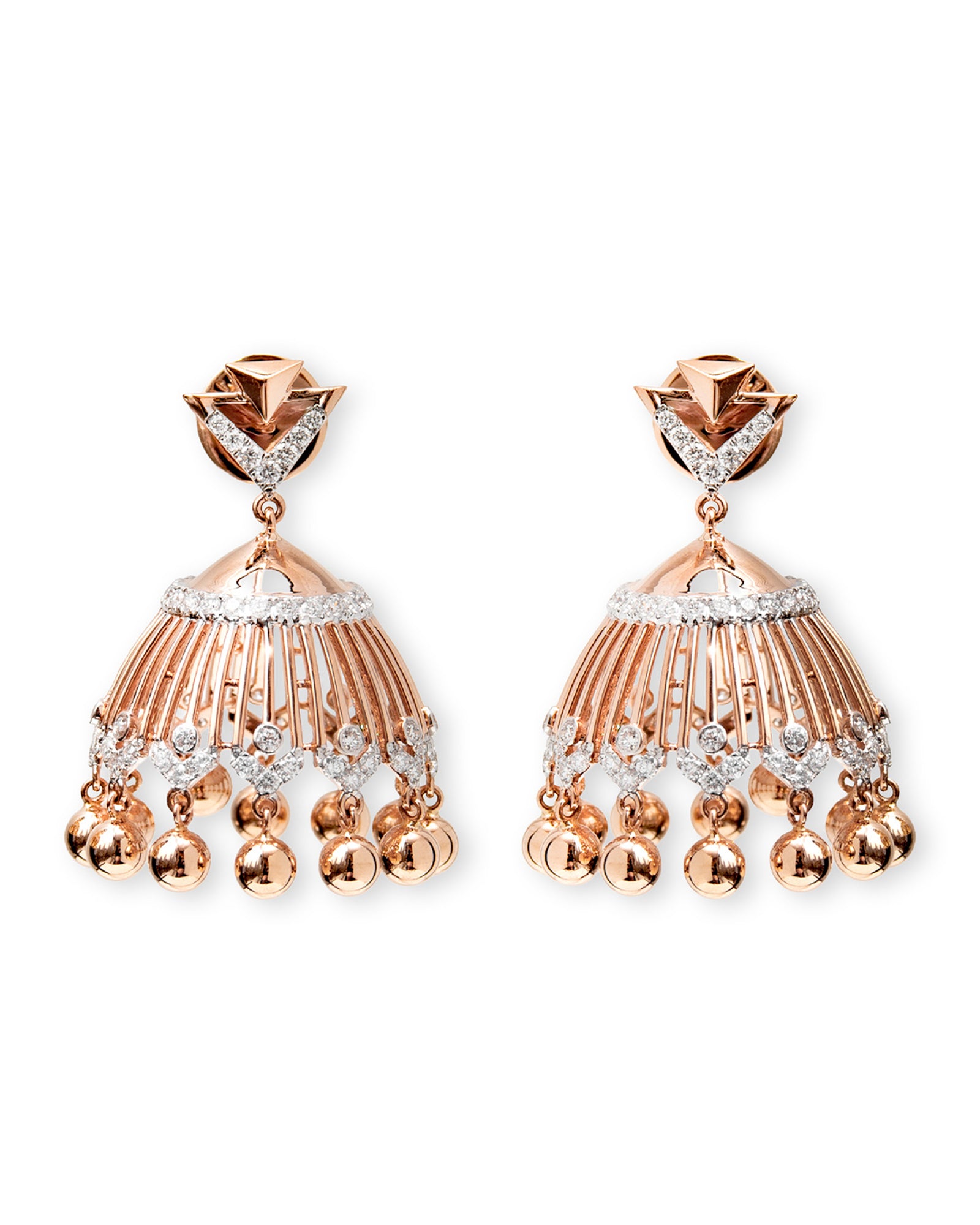 Rose gold earrings with dangling beads on a white background