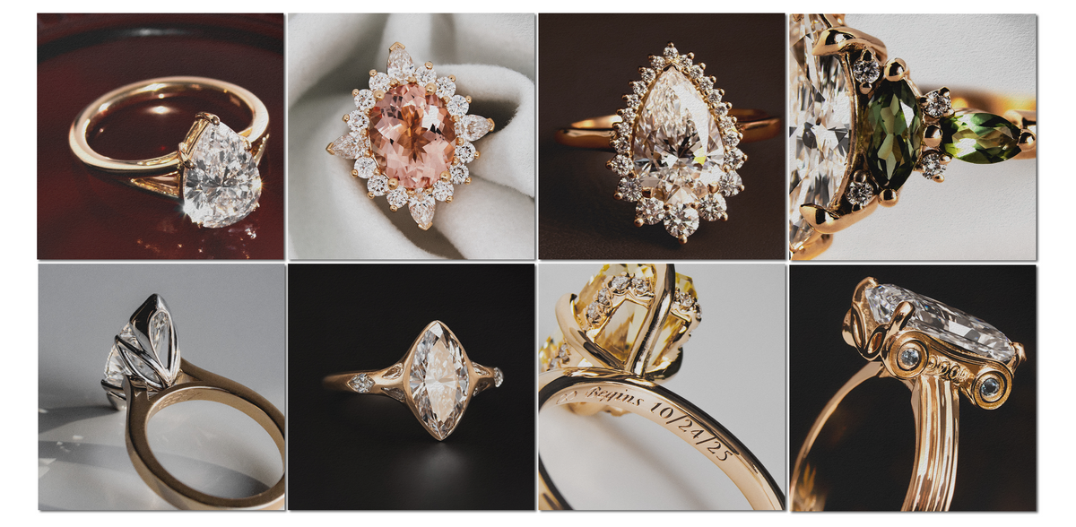 Collage of various custom diamond engagement rings with different designs and settings.