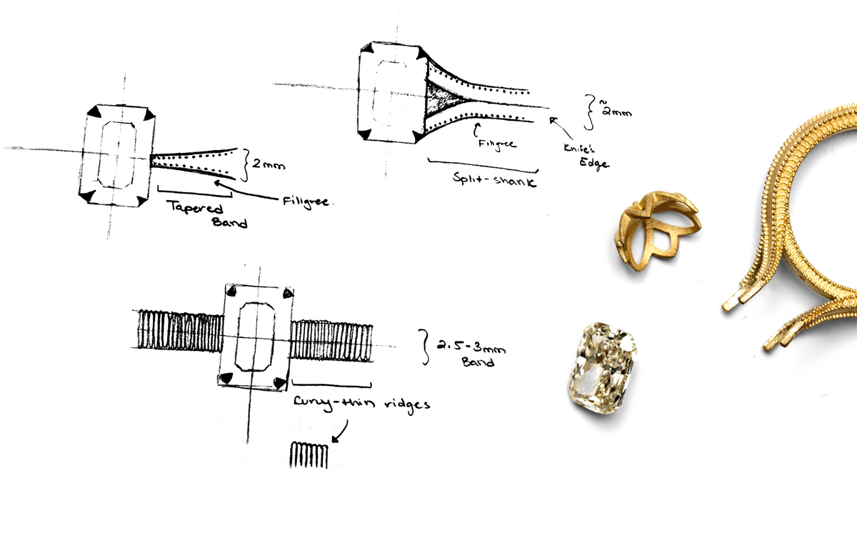 Hand-drawn technical sketches of a ring setting with measurements and labels, alongside pieces of a gold casted ring and loose yellow diamond.