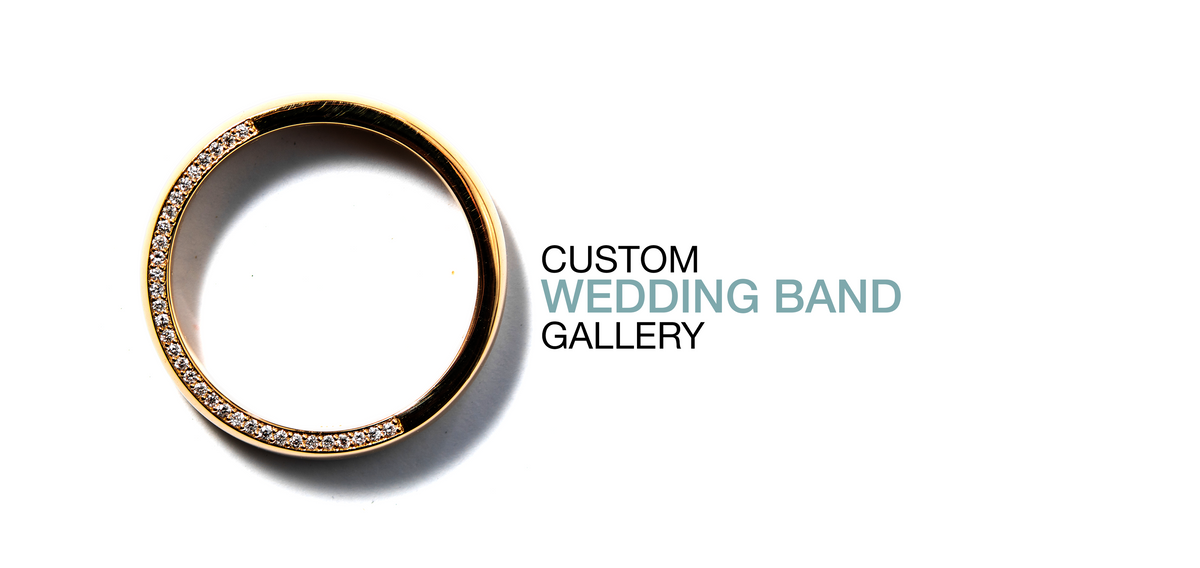 A gold wedding band with a row of small pave set diamonds along the top, shown on a white background next to the text 'CUSTOM WEDDING BAND GALLERY'.