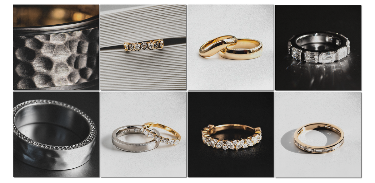 Collage of various custom wedding bands for men and women.