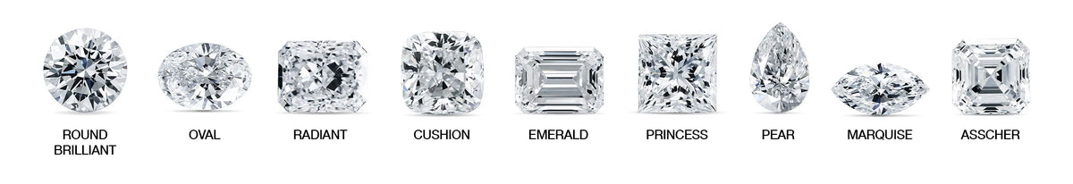 Various diamond shapes including round, oval, radiant, cushion, emerald, princess, pear, marquise, and asscher.