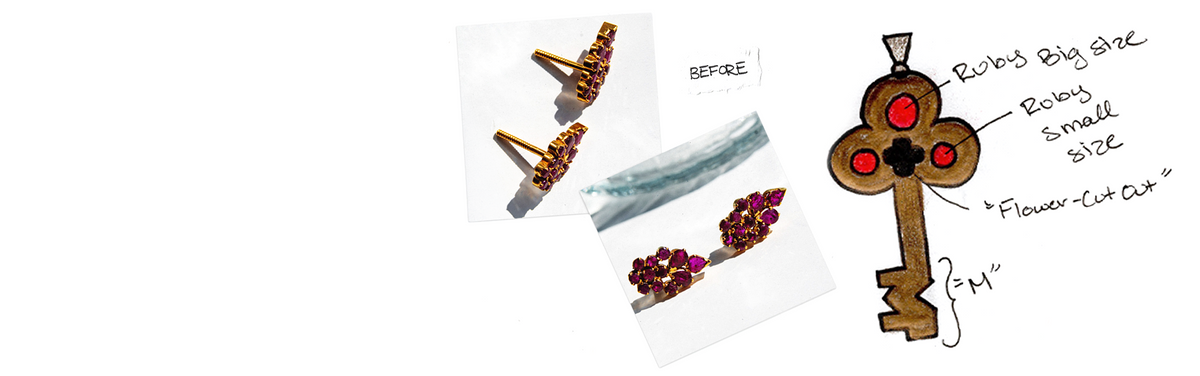 A collage-style showing several views of a pair of gold-tone earrings with red gemstones, alongside a hand-drawn key-shaped sketch of what the earrings will be transformed into.