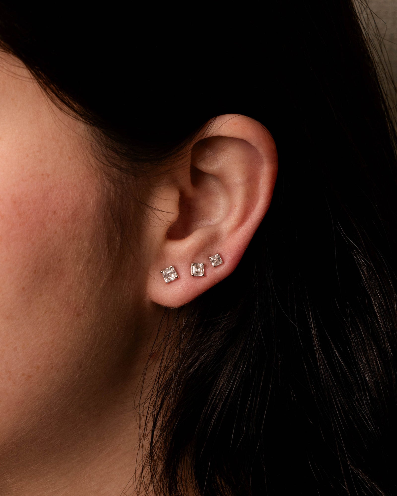Asscher Shape Diamond 4-Prong Stud Earrings White Gold on body