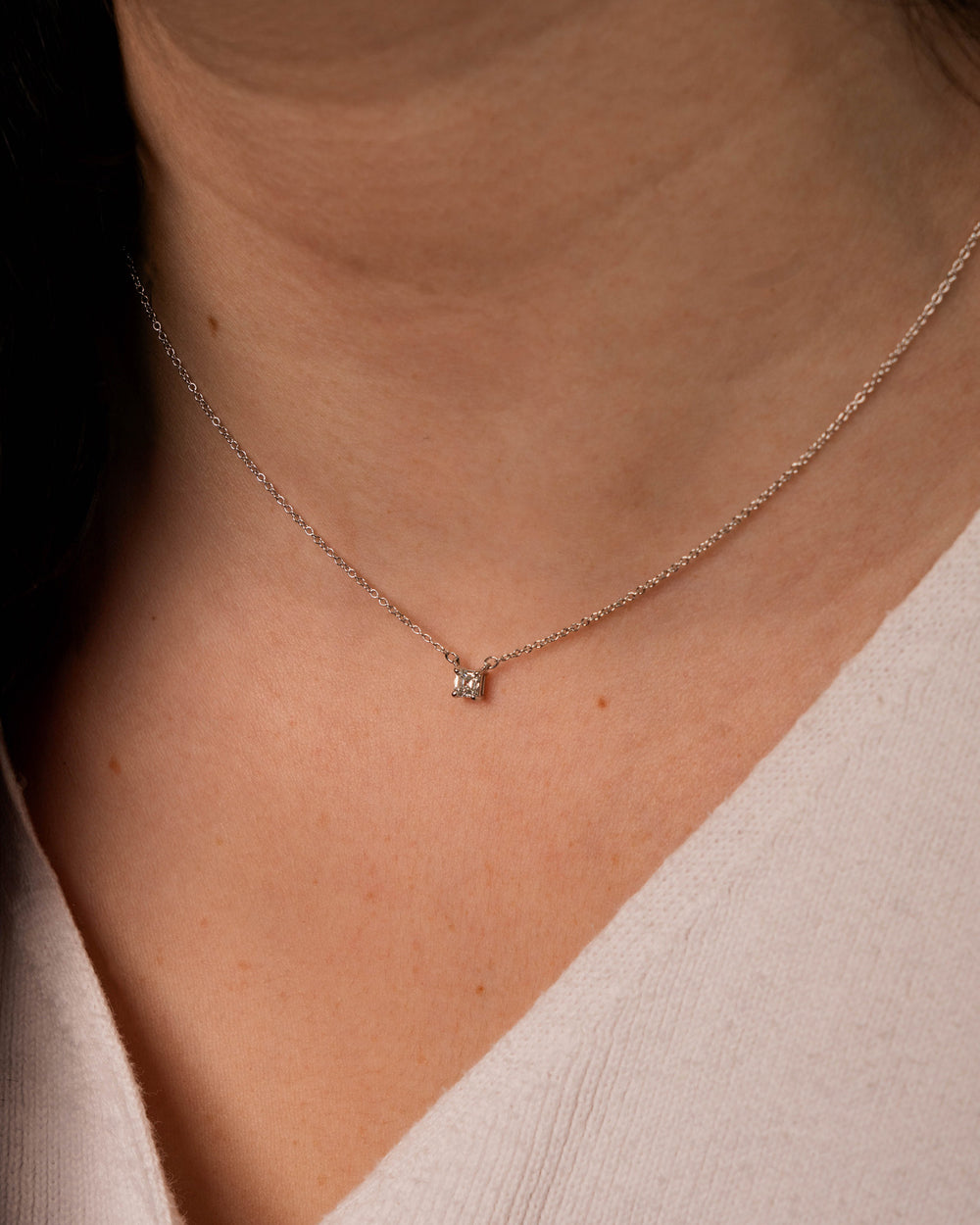 Víya Asscher Shape Diamond Pendant Necklace 14K White Gold on body