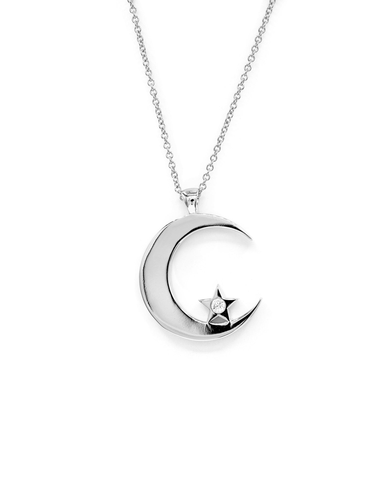 Víya Large Moon and Star Diamond Pendant White Gold 14K