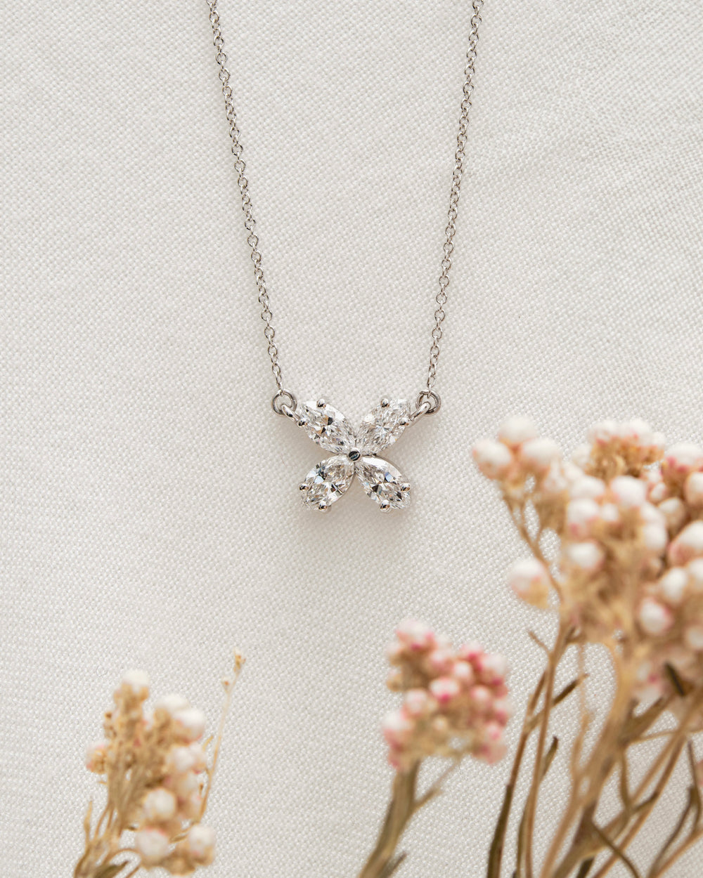 Marquise Diamond Flower Pendant Necklace 1 Carat White Gold