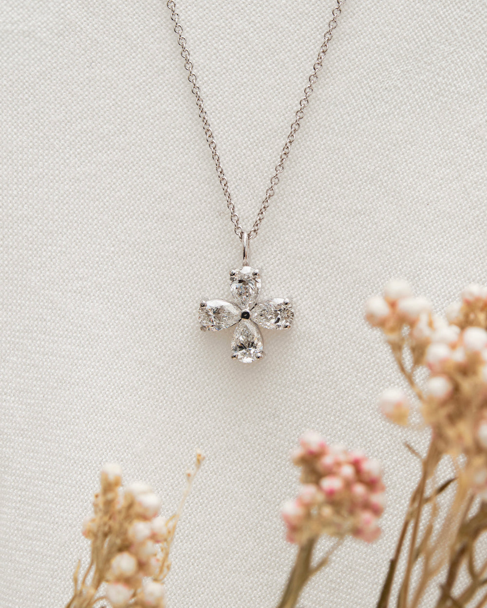 Pear Diamond Flower 1 Carat Pendant Necklace White Gold