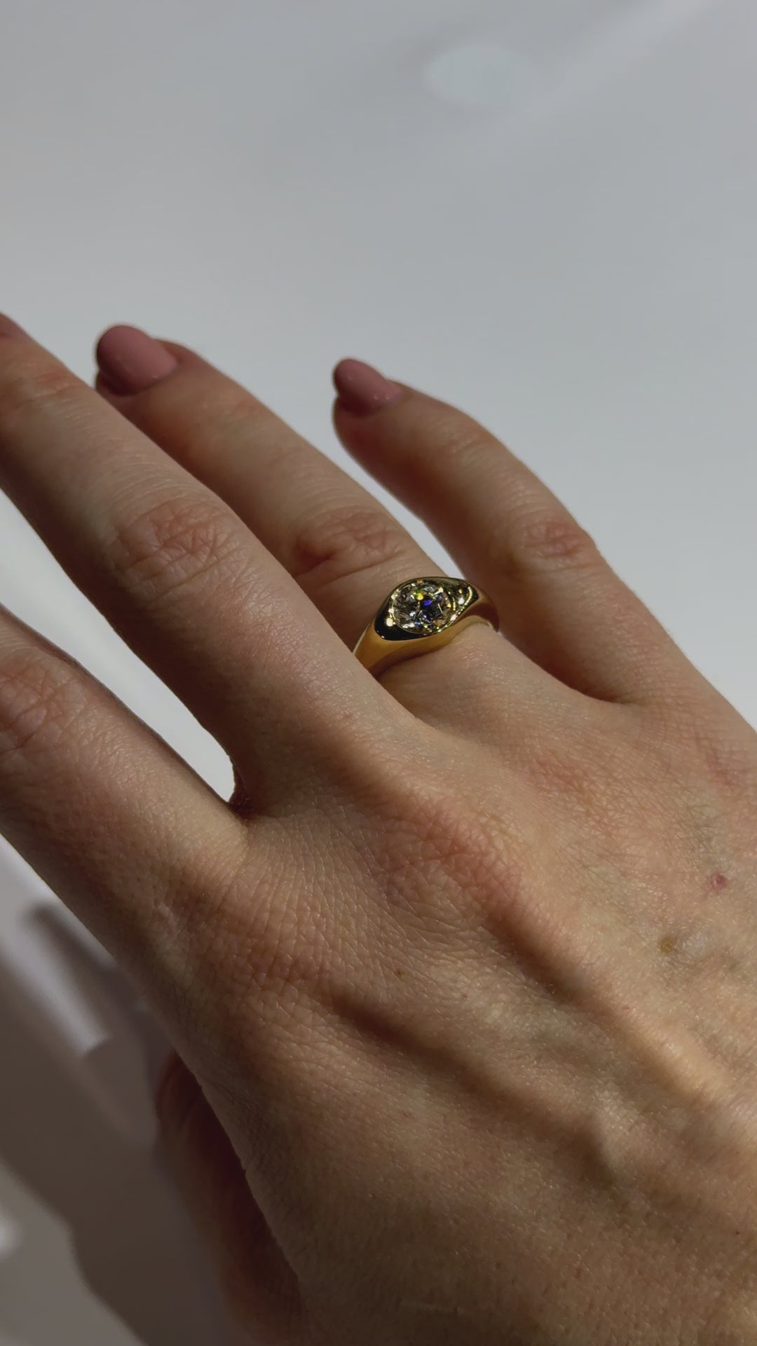 Solitaire Round Diamond Signet Style Engagement Ring on body