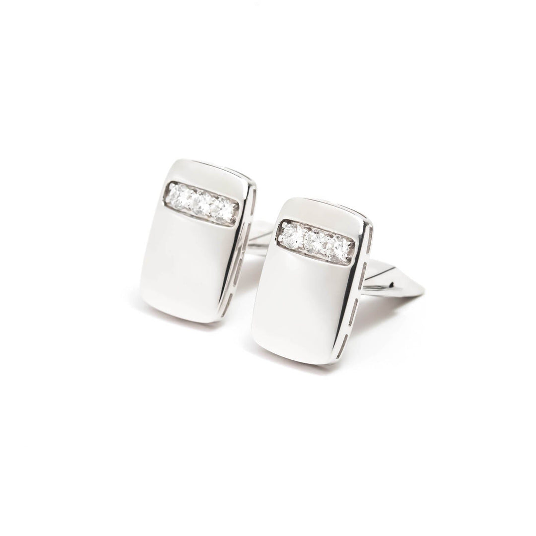 Víya White Diamond "Striped" Rounded Rectangular Cufflinks White Gold 14K