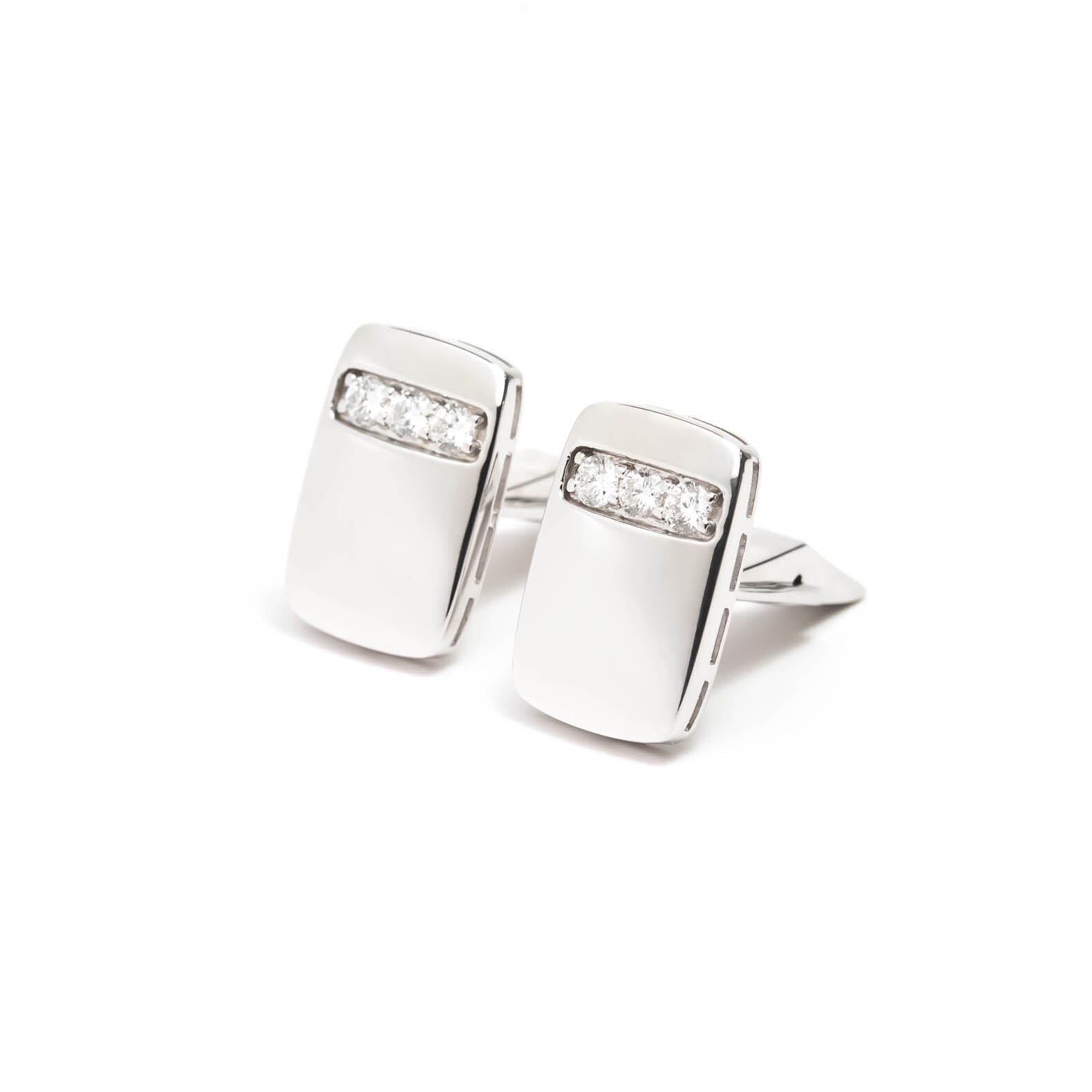 Víya White Diamond "Striped" Rounded Rectangular Cufflinks White Gold 14K
