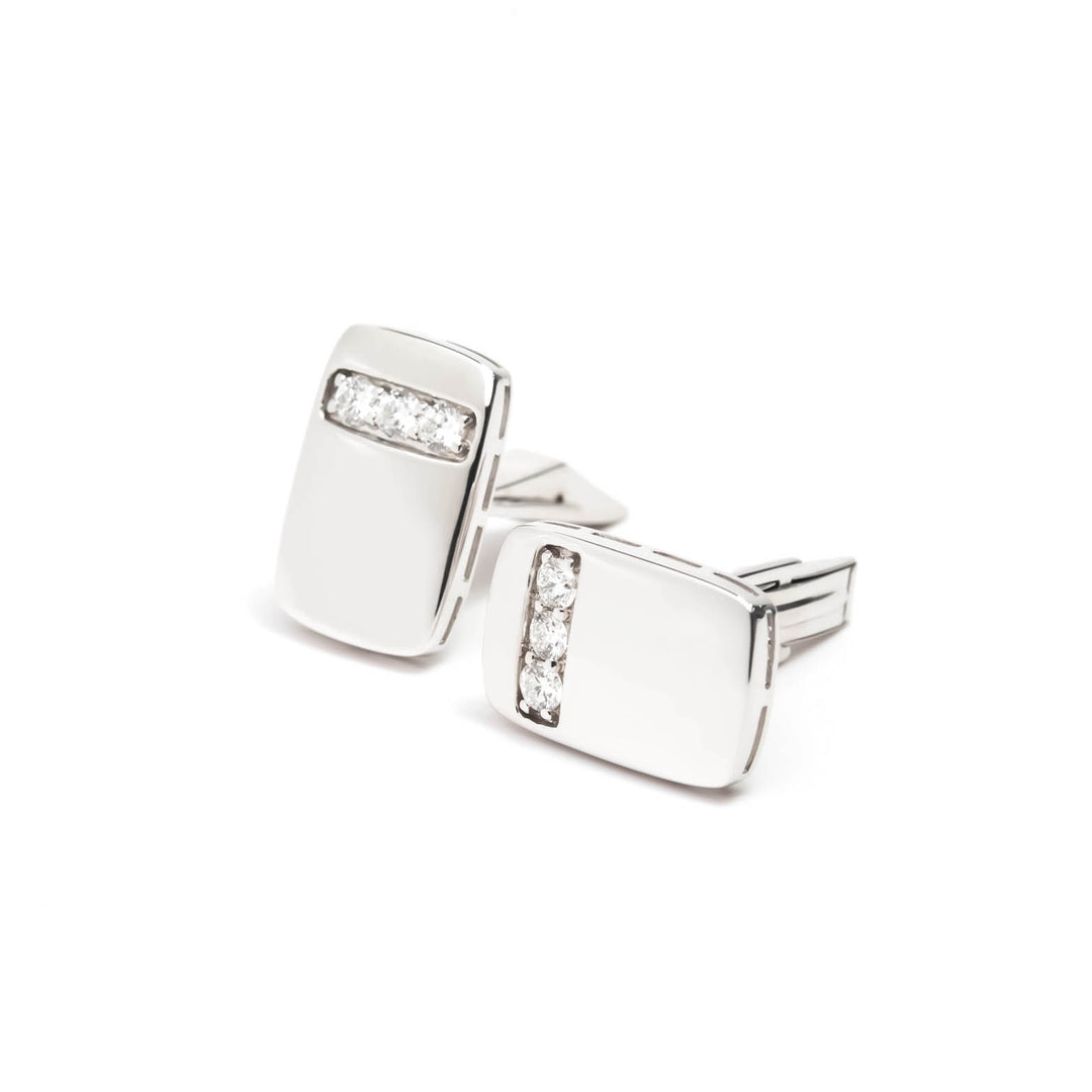 Víya White Diamond "Striped" Rounded Rectangular Cufflinks White Gold 14K